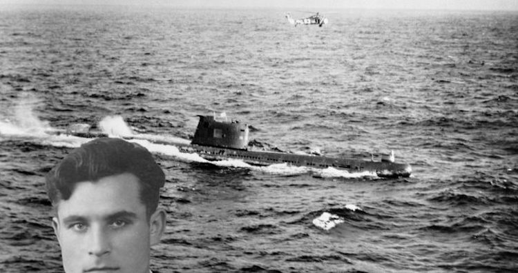 Image: Vasili Arkhipov and Soviet submarine B-59, forced to the surface by U.S. Naval forces in the Caribbean near Cuba, with a U.S. helicopter overhead. Source: U.S. National Archives. 