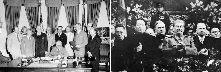 Image: Collage of picture showing US President Truman signing the North Atlantic Treaty in the Oval Office, August 1949 (left) and Mao Zedong and Joseph Stalin in Moscow, December 1949 (right). Sources: Wikipedia.
