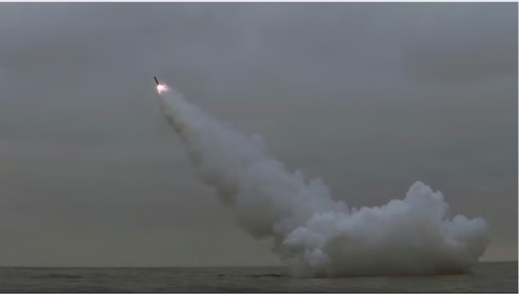  This photo, provided by the North Korean government, shows what it says is a cruise missile the country launched from a submarine.(AP: Korean Central News Agency/Korea News Service)