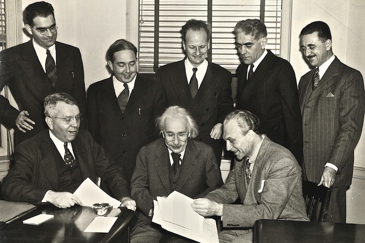 Photo: Members of the Emergency Committee of Atomic Scientists in Princeton, New Jersey, on November 18, 1946, which included Albert Einstein and several of the physicists who had participated in developing the atomic bomb. Copyright 2014, Special Collections & Archives Research Center, Oregon State University Libraries and Press.