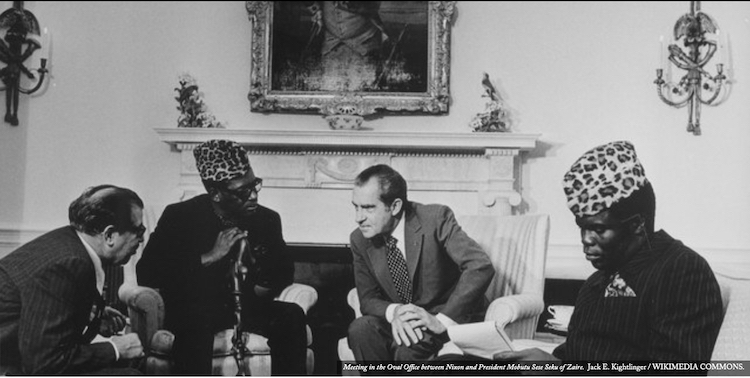 Meeting in the Oval Office between President Nixon and President Mobutu of Zaire, known as Democratic Republic of Congo (DRC) since 1997. The uranium used in making the bomb and subsequent atomic weapons were sourced from the DRC. Credit: Jack Kightlinger | Wikimedia Commons. - Photo: 2023