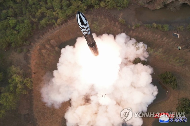 This photo, provided by North Korea's official Korean Central News Agency on April 14, 2023, shows the North's new solid-fuel Hwasong-18 intercontinental ballistic missile, test-fired the previous day under the guidance of North Korean leader Kim Jong-un. Source: YONHAP News Agency.